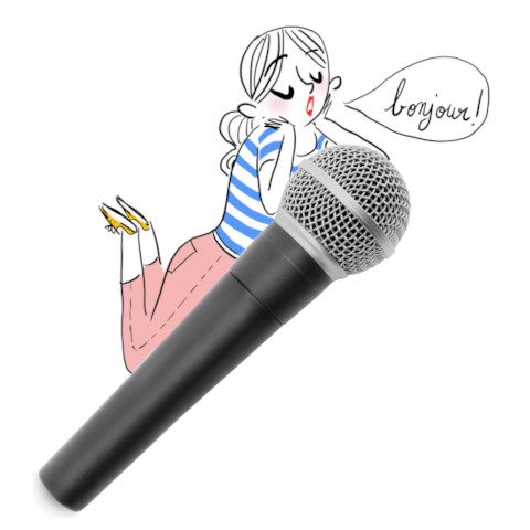 Adolie Day illustration woman speaking into microphone saying bonjour