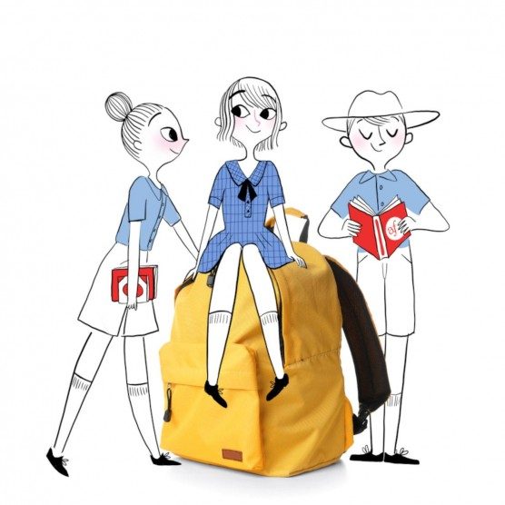 AdolieDay illustration of cartoon students sitting on a school bag.
