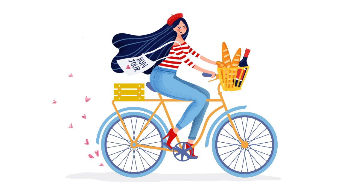 Illustration of French woman on bicycle with baguettes