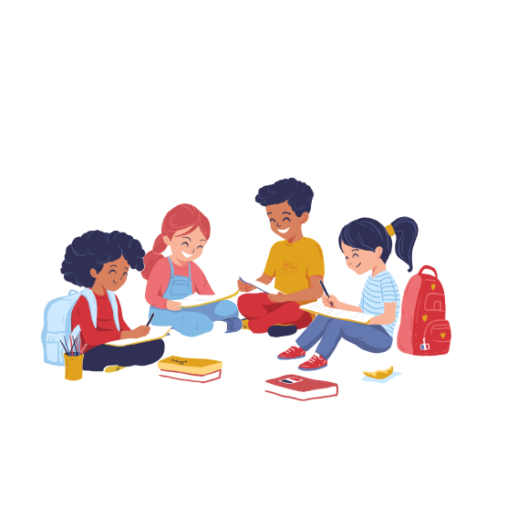 AdolieDay illustration of cartoon students sitting on a school bag.